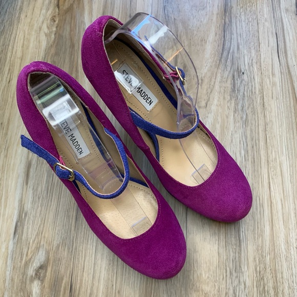STEVE MADDEN “Toni” Purple + Cobalt Blue Platform Mary Janes Suede Heels Size 8 - Picture 2 of 9